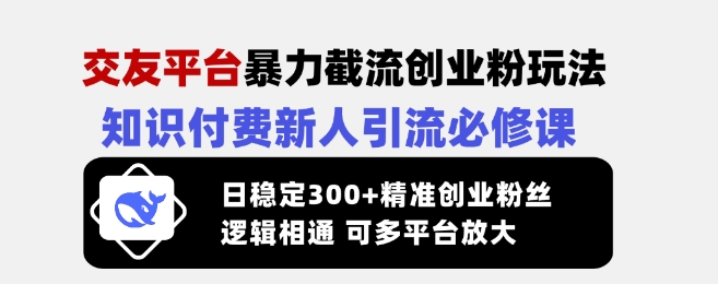 交友平台暴力截流创业粉玩法，知识付费新人引流必修课，日稳定300+精准创业粉丝，逻辑相通可多平台放大-百盟网